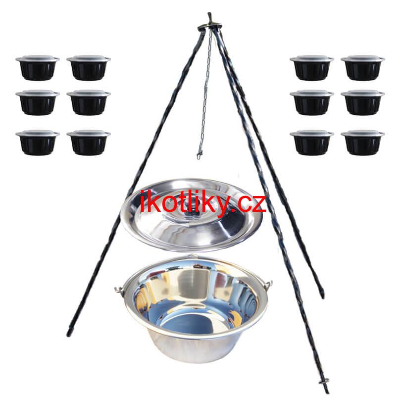 Nerezový kotlík 10 L (0,8 mm) INOX + poklice + trojnožka 1,20 m + misky 12 ks