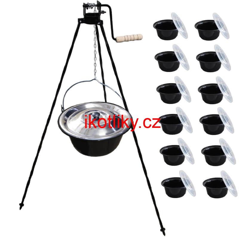 Smaltovaný kotlík 16 L + stojan s kladkou VAR + misky 12 ks
