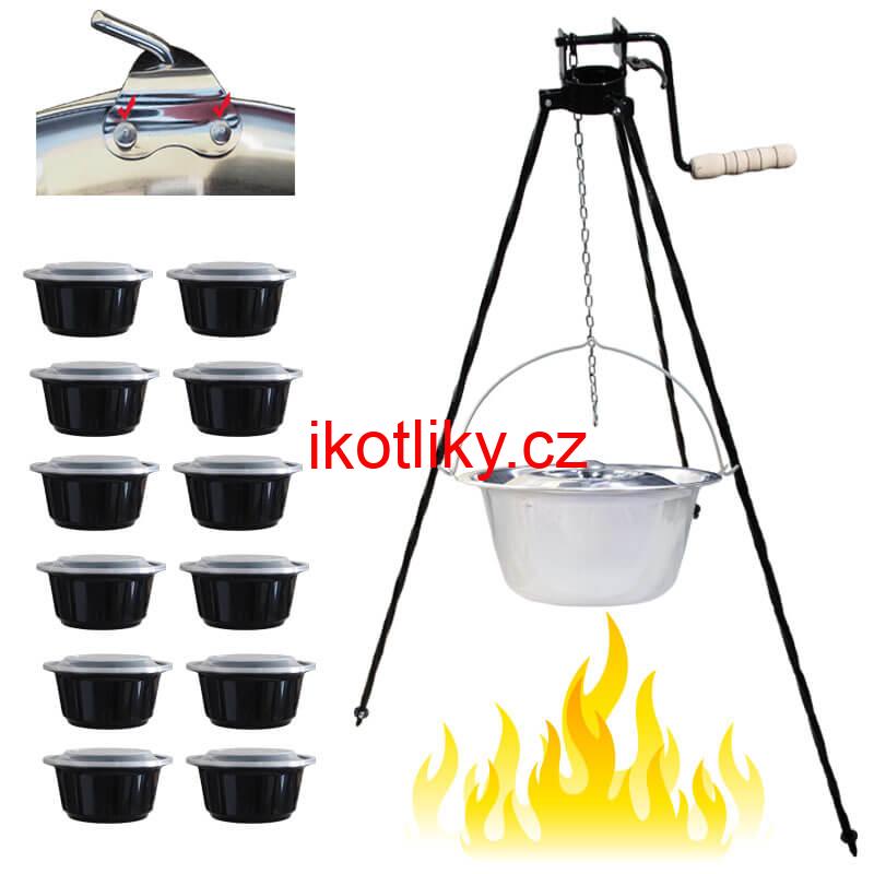 Nerezový kotlík 15 L (0,8 mm) s nýty + stojan s kladkou VAR + misky 12 ks
