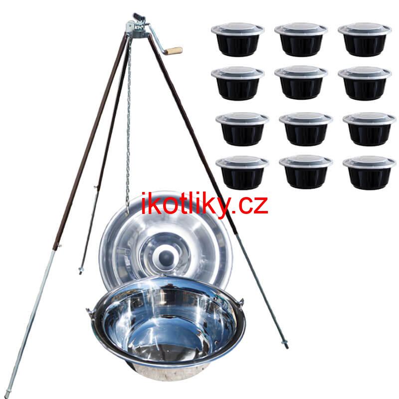 Nerezový kotlík 20 L (1,2 mm) + teleskopická trojnožka s pojistnou kladkou + misky 12 ks