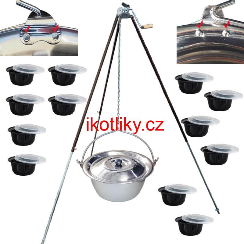 Nerezový kotlík 30 L (0,8 mm) s nýty + teleskopická trojnožka s pojistnou kladkou + misky 12 ks