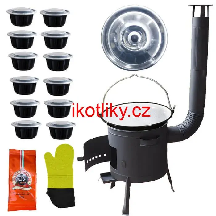 Smaltovaný kotlík 22 L (1,2 mm) + misky 12 ks + nízká žáruvzdorná kotlina (1,0 mm) 42 PLUS 600