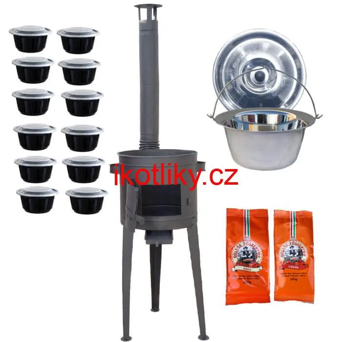 Nerezový kotlík 22 L (0,8 mm) INOX + vysoká žáruvzdorná kotlina 42 cm PLUS 600 + misky 12 ks + 2 x pepř na guláš 100 g