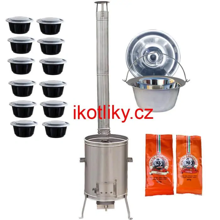 Nerezový kotlík 22 L (0,8 mm) INOX + vysoká žáruvzdorná kotlina 42 cm PLUS 600 + misky 12 ks + 2 x pepř na guláš 100 g