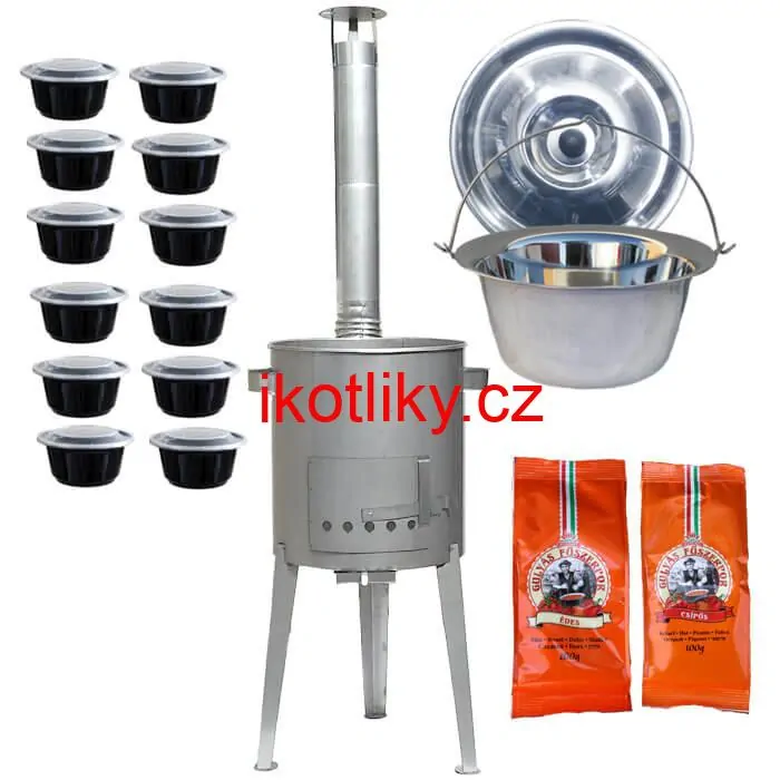 Nerezový kotlík 22 L (0,8 mm) INOX + nerezová kotlina 42 cm LUXUS + misky 12 ks + 2 x pepř na guláš 100 g