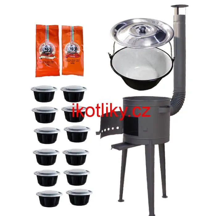 Smaltovaný kotlík 22 L (1,2 mm) + vysoká žáruvzdorná kotlina (1,5 mm) HODO 42 cm PLUS 600 + misky 12 ks + 2 x pepř na guláš 100 g