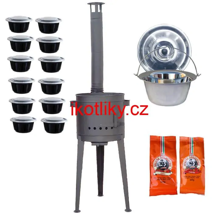 Nerezový kotlík 22 L (0,8 mm) INOX + vysoká žáruvzdorná kotlina (2,0 mm) HODO 42 cm PLUS 600 + misky 12 ks + 2 x pepř na guláš 100 g