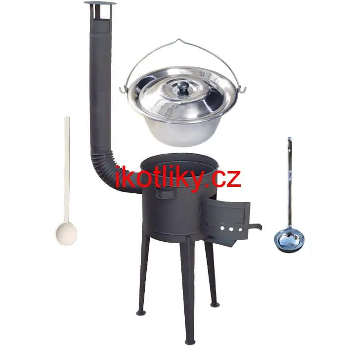 Nerezový kotlík 20 L (1,2 mm) INOX + vysoká žáruvzdorná kotlina (2,0 mm) HODO 42 cm PLUS 600 + vařečka + naběračka