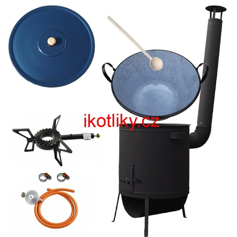 Smaltovaný kotel 70 L na zabijačku + žáruvzdorná kotlina 53 PLUS 600 4 MM + hořák 7,5 kW + vařečka