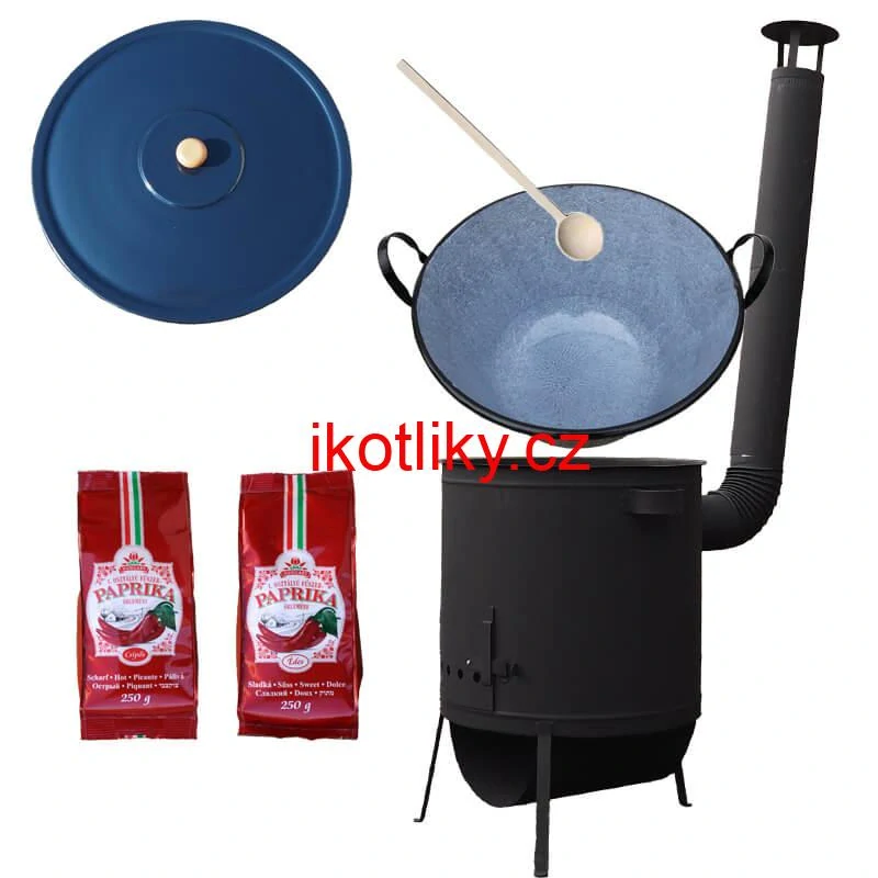 Smaltovaný kotel 60 L na zabijačku + žáruvzdorná kotlina 53 PLUS 600 4 MM + sladká a pálivá paprika (2 x 250 g) + vařečka