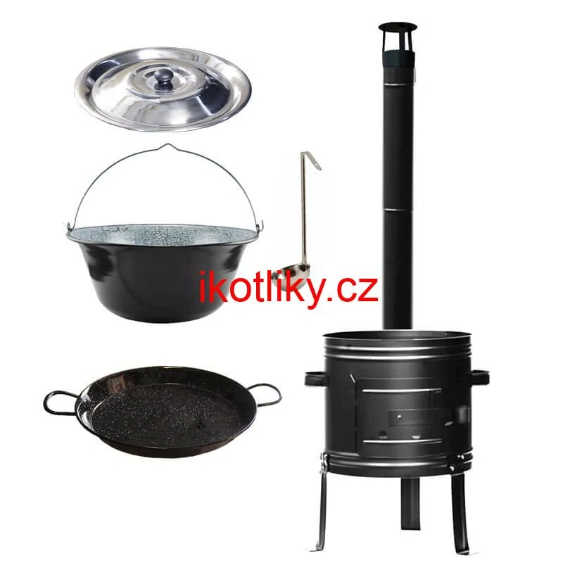 Smaltovaný kotlík 25 L + kovová kotlina + smaltovaná pánev 46 cm Paella