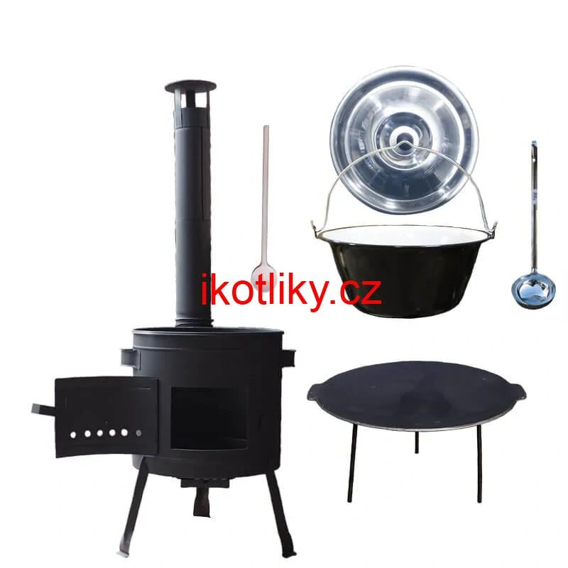 Smaltovaný kotlík 25 L + litinová pánev 45 cm + nízká žáruvzdorná kotlina 42 cm PLUS 600