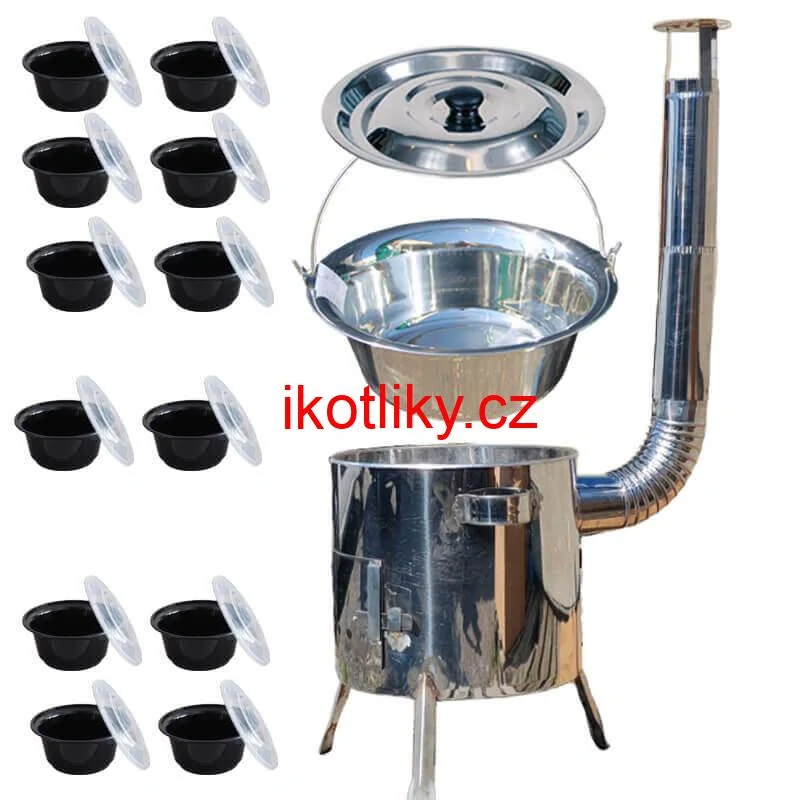 Nerezový kotlík 14 L (0,8 mm) INOX + Nerezová kotlina 36 INOX LUSTRO + misky 12 ks