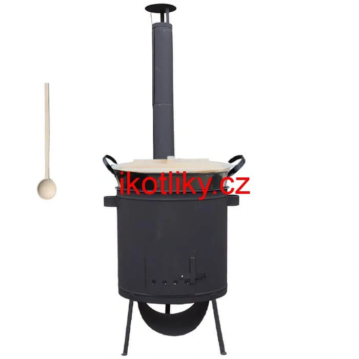 Zabijačkový smaltovaný kotel 100 L, žáruvzdorná kotlina 42 PLUS 600 4 MM, dřevěná poklice + vařečka