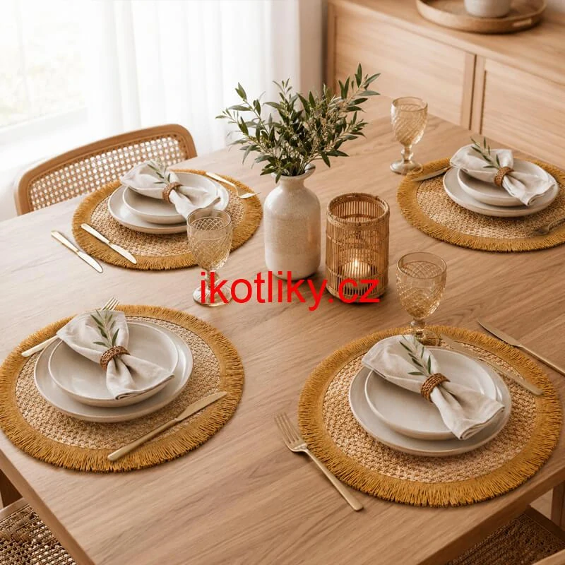Kulaté přírodní podložky pod talíř se třásněmi 37 cm, 4 ks