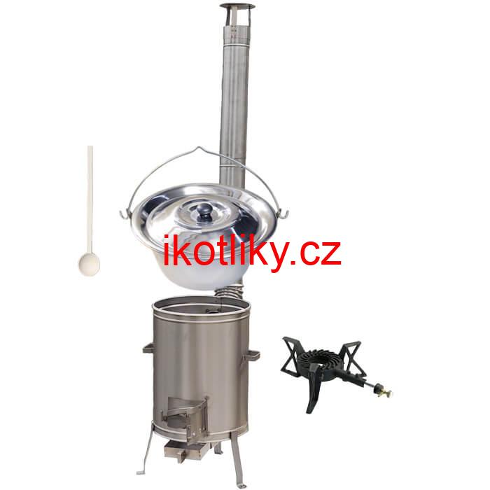 Nerezový kotlík 10 L (1,2 mm) + nerezová kotlina 36 cm + litinový hořák 7 kW, vařečka LUX