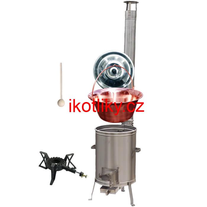 Měděný kotlík 10 L (1,2 mm) + nerezová kotlina 36 cm + litinový hořák 7 kW, vařečka LUX