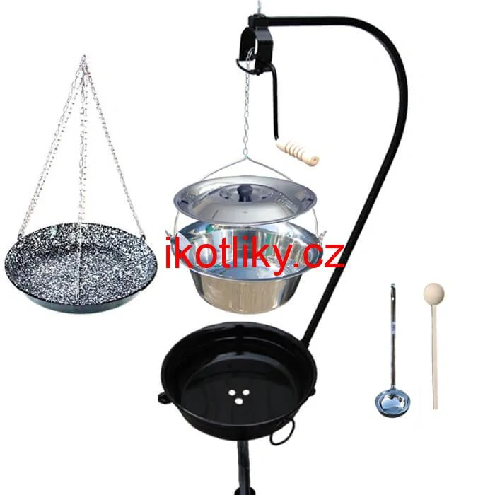 Nerezový kotlík 10 L (1,2 mm) INOX + smaltovaná pánev + ohniště se stojanem as pojistnou kladkou VAR